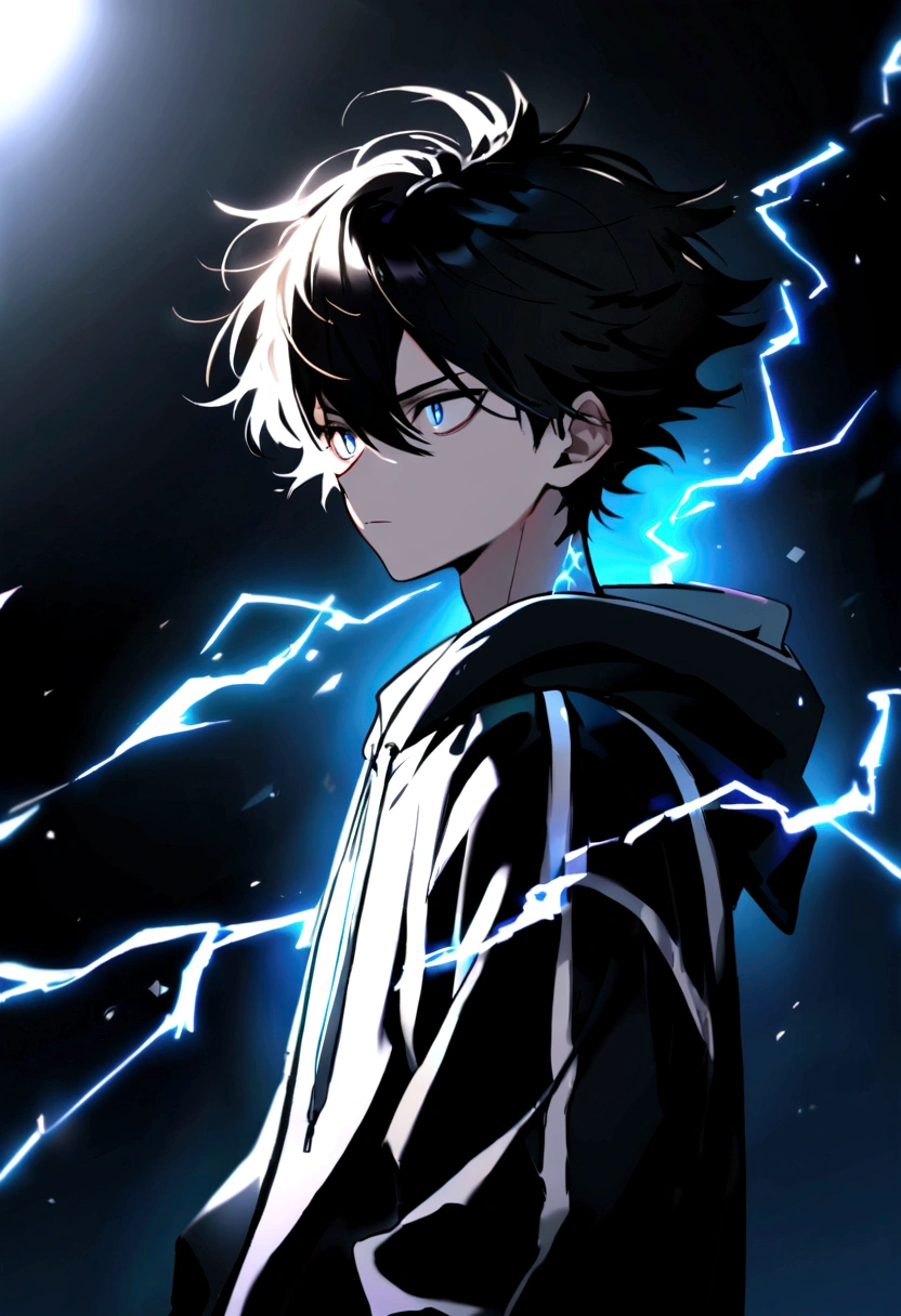 Man 17 years old Long black hair black and white sweatshirt with electricity on his body