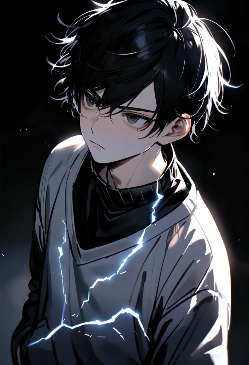 Man Long black hair black and white sweatshirt with electricity on his body