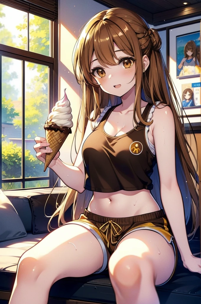 a sun ayuuki, a sun a yuuki, Long Hair, Brown Hair, (Brown eyes:1.8), Sweat,濡れたTank top,Tank top,Belly button,happy smile, smile, Open your mouth,Shorts,barefoot,Sitting on the sofa,Holding an ice cream in one hand,noon,Clear skies,
Break indoors,room,
壊す looking at viewer,Systemic
break (masterpiece:1.2), Highest quality, High resolution, unity 8k wallpaper, (shape:0.8), (Fine and beautiful eyes:1.6), Highly detailed face, Perfect lighting, Highly detailed CG, (Perfect hands, Perfect Anatomy),