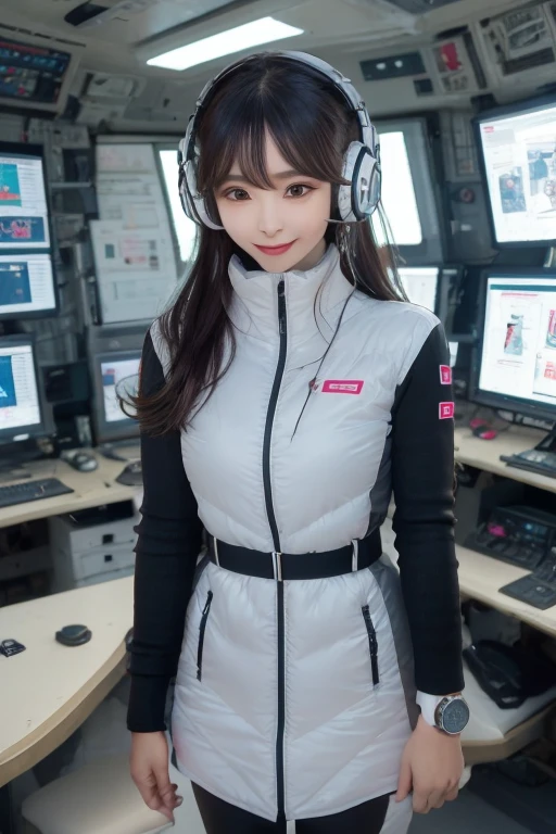 masterpiece, Highest quality, Very detailed, 8K Portrait,Japanese Android Girl,plump , Control panel,Robotic arms and legs, Blunt bangs,,break (Metallic Gray, Metallic luster, Mirror finish, Astro Best):5,headphone:5,break (Black sleeves):100,Smart Watches,Futuristic space station,Control Room,break headphone,blue eyes,(Black Hair):2,(Long Hair):1.3,Displaying the viewer,(respirator),break blush:3,Hidden Hand,smile