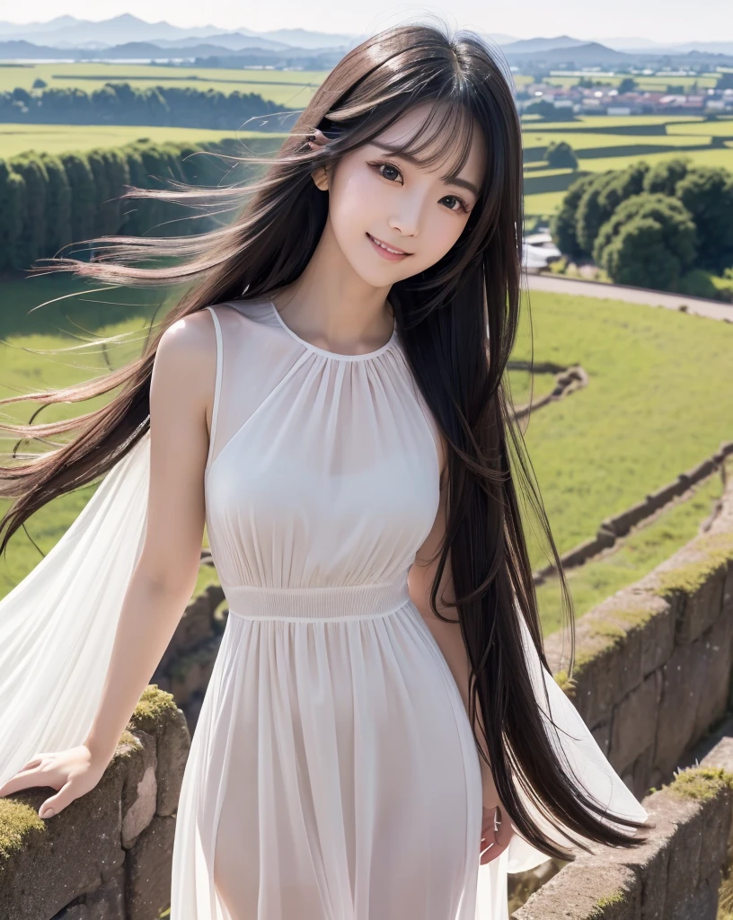 (Highest quality, 32k, High resolution, Masterpiece:1.5, ), marimo_jet, god々A photograph with brilliant brilliance and the power of nature., Expressing emotions, Have a rich imagination, Beautiful Japanese Girls, An exceptionally beautiful face, Small Face Beauty, ((Low-angle full-body shot:1.3)), Perfect Human ???????, Magical big eyes, Motherhood and generosity, Deep Love, fleeting smile, Shiny black hair, Beautiful super long hair swaying in the wind, Asymmetrical bangs, Hair between the eyes, Transparent, soft white skin, Sharp eyebrows, Thin lashes, Natural Makeup, Cheek highlighter, Pale pink detailed lips, (High-quality black dress:1.3), ((High resolutionの美しい太もも, Beautiful legs), ((Distant Horizon:1.5)), ((Rural scenery stretching to the horizon:1.3)), ((Overlooking the countryside from the plateau:1.3)), Beautifully detailed skies, Professional Photographer, Professional Lighting, Professional Model