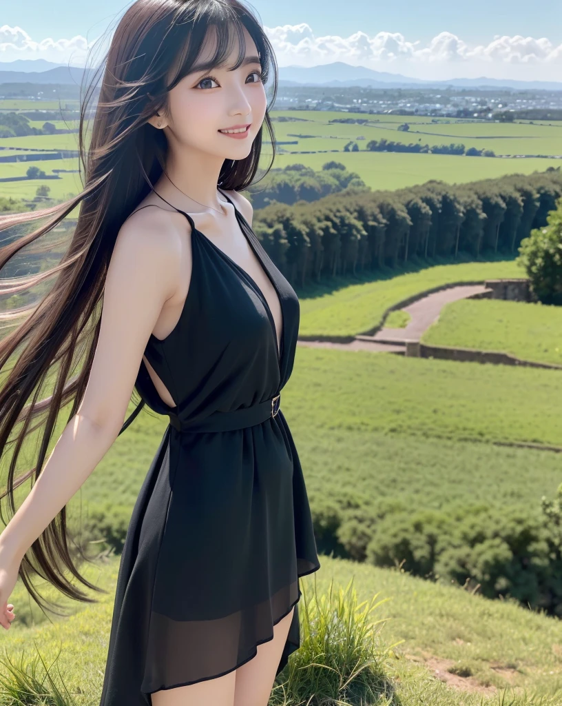 (Highest quality, 32k, High resolution, Masterpiece:1.5, ), marimo_jet, god々A photograph with brilliant brilliance and the power of nature., Expressing emotions, Have a rich imagination, Beautiful Japanese Girls, An exceptionally beautiful face, Small Face Beauty, ((Low-angle full-body shot:1.3)), Perfect Human Anatomy, Magical big eyes, Motherhood and generosity, Deep Love, fleeting smile, Shiny black hair, Beautiful super long hair swaying in the wind, Asymmetrical bangs, Hair between the eyes, Transparent, soft white skin, Sharp eyebrows, Thin lashes, Natural Makeup, Cheek highlighter, Pale pink detailed lips, (High-quality black dress:1.3), ((High resolutionの美しい太もも, Beautiful legs), ((Distant Horizon:1.5)), ((Rural scenery stretching to the horizon:1.3)), ((Overlooking the countryside from the plateau:1.3)), Beautifully detailed skies, Professional Photographer, Professional Lighting, Professional Model