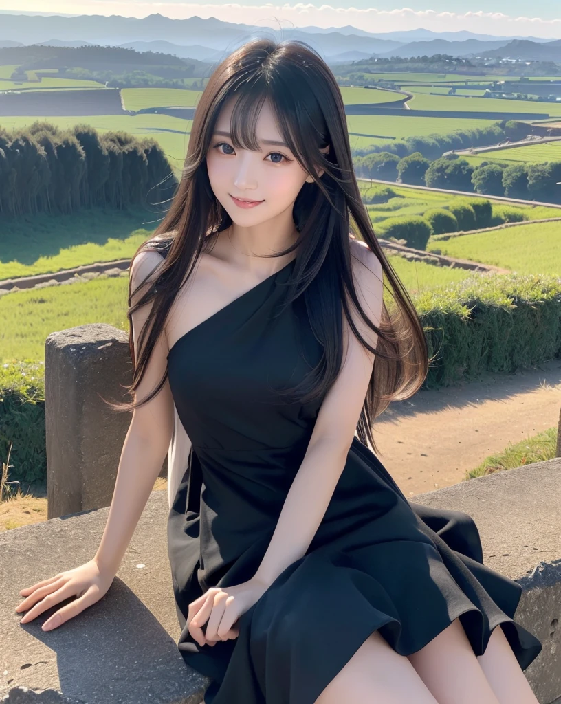 (Highest quality, 32k, High resolution, Masterpiece:1.5, ), marimo_jet, god々A photograph with brilliant brilliance and the power of nature., Expressing emotions, Have a rich imagination, Beautiful Japanese Girls, An exceptionally beautiful face, Small Face Beauty, ((Low-angle full-body shot:1.3)), Perfect Human Anatomy, Magical big eyes, Motherhood and generosity, Deep Love, fleeting smile, Shiny black hair, Beautiful super long hair swaying in the wind, Asymmetrical bangs, Hair between the eyes, Transparent, soft white skin, Sharp eyebrows, Thin lashes, Natural Makeup, Cheek highlighter, Pale pink detailed lips, (High-quality black dress:1.3), ((High resolutionの美しい太もも, Beautiful legs), ((Distant Horizon:1.5)), ((Rural scenery stretching to the horizon:1.3)), ((Overlooking the countryside from the plateau:1.3)), Beautifully detailed skies, Professional Photographer, Professional Lighting, Professional Model