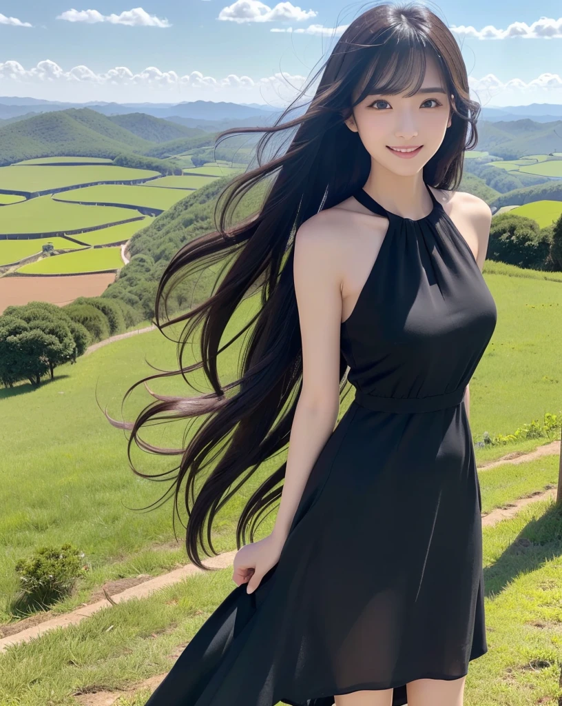(Highest quality, 32k, High resolution, Masterpiece:1.5, ), marimo_jet, god々A photograph with brilliant brilliance and the power of nature., Expressing emotions, Have a rich imagination, Beautiful Japanese Girls, An exceptionally beautiful face, Small Face Beauty, ((Low-angle full-body shot:1.3)), Perfect Human Anatomy, Magical big eyes, Motherhood and generosity, Deep Love, fleeting smile, Shiny black hair, Beautiful super long hair swaying in the wind, Asymmetrical bangs, Hair between the eyes, Transparent, soft white skin, Sharp eyebrows, Thin lashes, Natural Makeup, Cheek highlighter, Pale pink detailed lips, (High-quality black dress:1.3), ((High resolutionの美しい太もも, Beautiful legs), ((Distant Horizon:1.5)), ((Rural scenery stretching to the horizon:1.3)), ((Overlooking the countryside from the plateau:1.3)), Beautifully detailed skies, Professional Photographer, Professional Lighting, Professional Model
