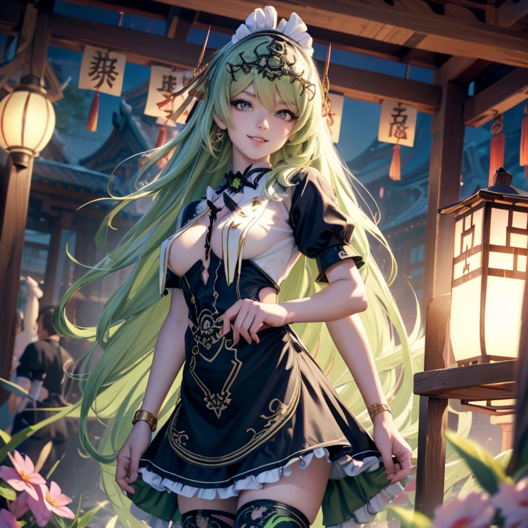 Mobius_(honkai impact 3d), ornament hair, perfectly body, perfectly hands, wave hair, light green hair, long hair, maid, maid dress, maid headdress, maid apron, garden, temple, shrine, outside, Chinese festival scenery, gold lantern, Chinese lantern, fireworks, black dress, more details on her clothes, black dress, golden details, night, smiling, ((4k, masterpiece, top-quality)),8k, best quality, high resolution, HD, (illustration:0.8), super cute girl, delicate and beautiful face, 1girl, solo, mature girl, super cute hairstyle, (beautiful detailed eyes:1.6), extremely detailed face, perfect lighting, extremely detailed CG, (perfect hands, perfect anatomy), Best quality, cleavage, skirt, full Body,