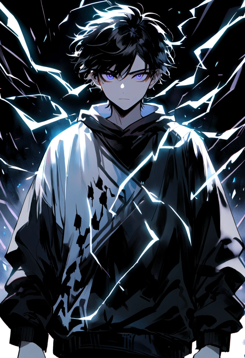 Man 17 years old Long black hair black and white sweatshirt with electricity on his body