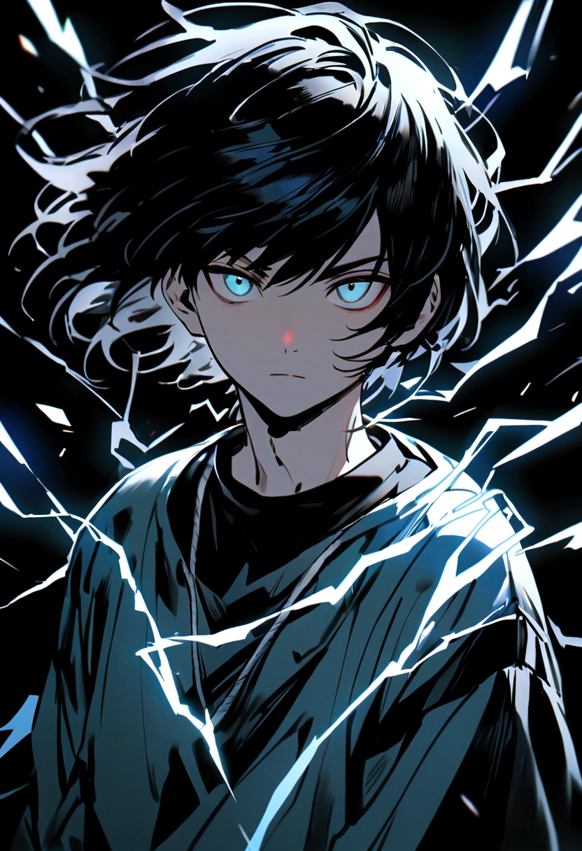 Man 17 years old Long black hair black and white sweatshirt with electricity on his body
