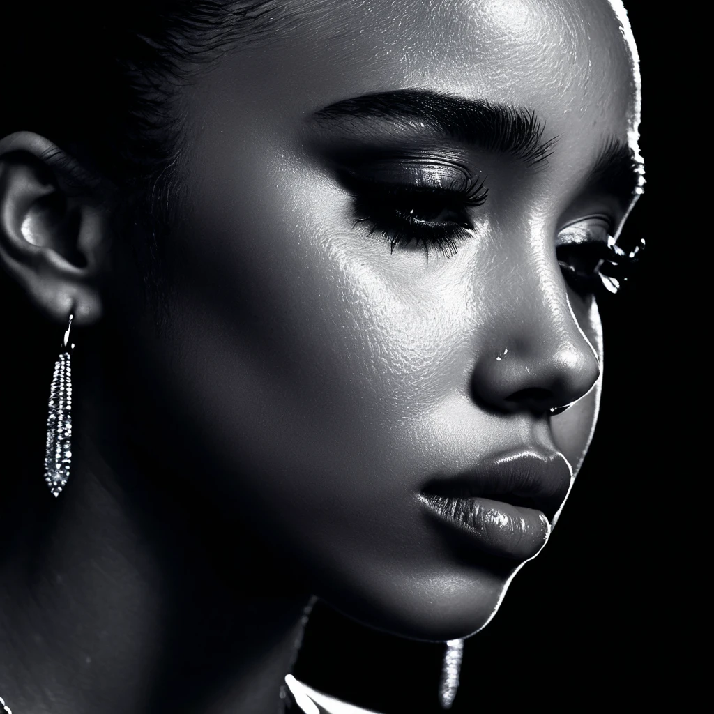 close up and zoomed in on a beautiful depressed emotional sad crying black girl with crying a single teardrop running down her face and a black background, sad, depressed, emotinoal, close up on side profile only showing cheek and eyelight falling on face, noir photorealism, mysterious portrait of a woman, chiaroscuro portrait, close up on side profile, tinashe, zoe kravitz, zoomed in on tear drop, euphoria vibes, tears, crying, black and white, dark