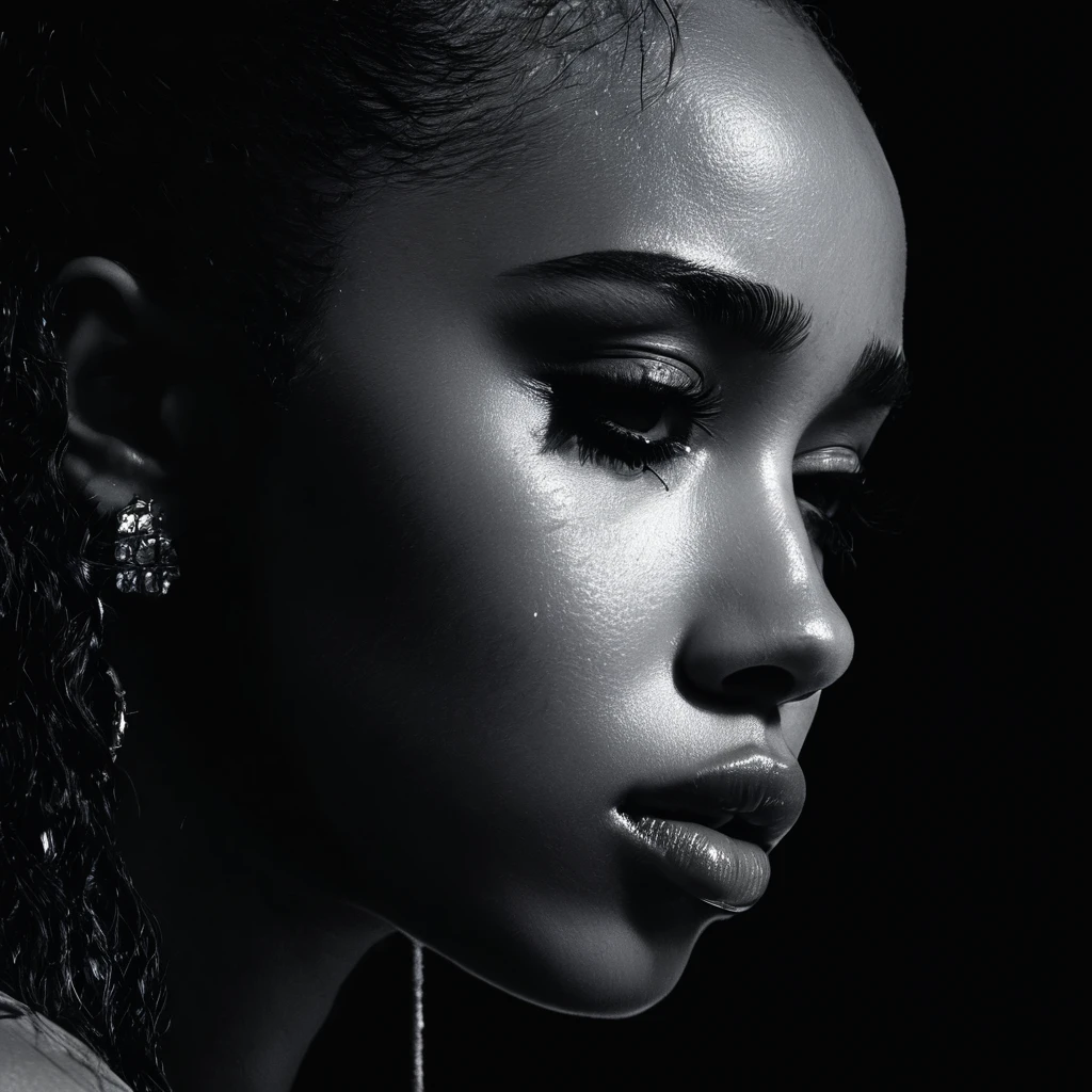 close up and zoomed in on a beautiful depressed emotional sad crying black girl with crying a single teardrop running down her face and a black background, sad, depressed, emotinoal, close up on side profile only showing cheek and eyelight falling on face, noir photorealism, mysterious portrait of a woman, chiaroscuro portrait, close up on side profile, tinashe, zoe kravitz, zoomed in on tear drop, euphoria vibes, tears, crying, black and white, dark