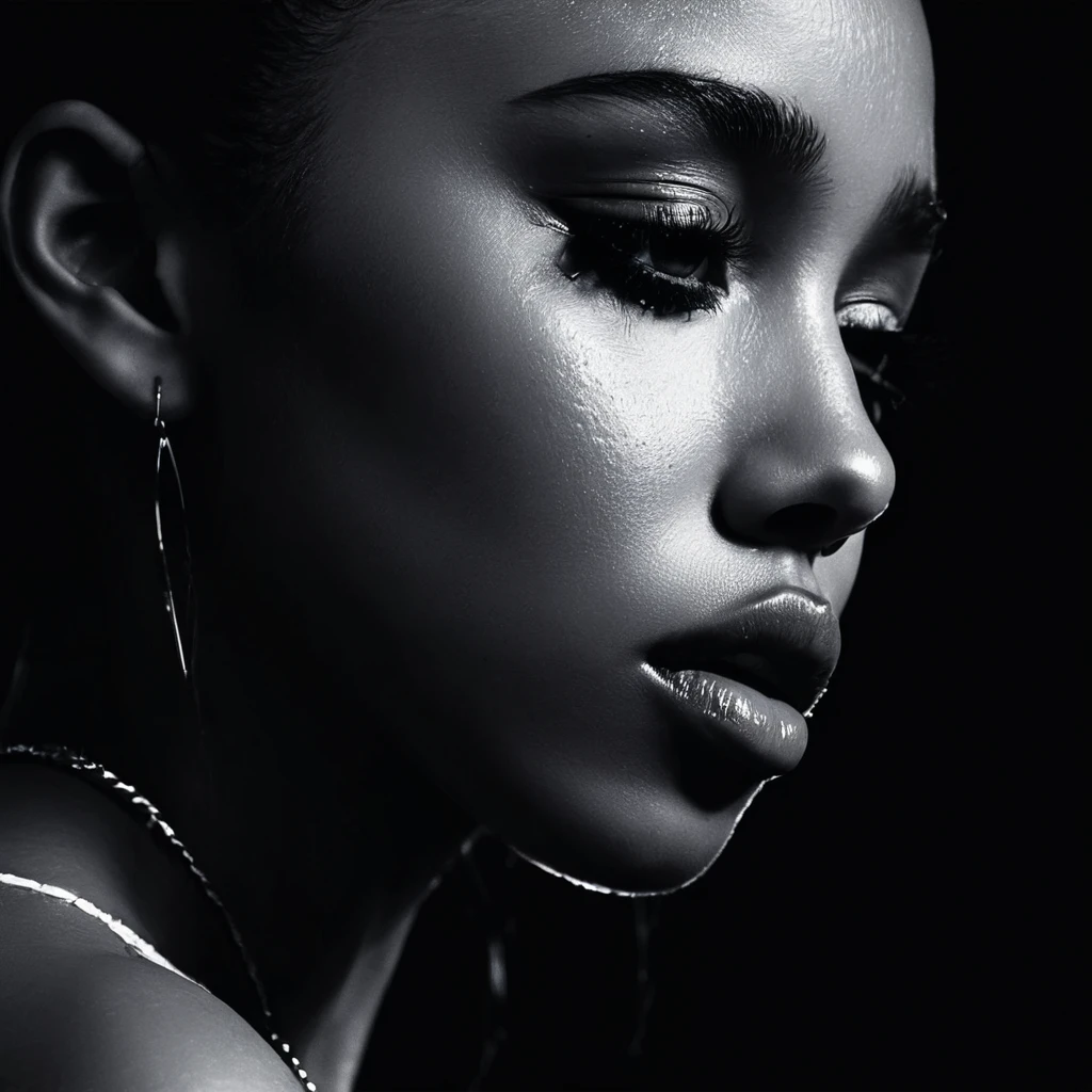 close up and zoomed in on a beautiful depressed emotional sad crying black girl with crying a single teardrop running down her face and a black background, sad, depressed, emotinoal, close up on side profile only showing cheek and eyelight falling on face, noir photorealism, mysterious portrait of a woman, chiaroscuro portrait, close up on side profile, tinashe, zoe kravitz, zoomed in on tear drop, euphoria vibes, tears, crying, black and white, dark