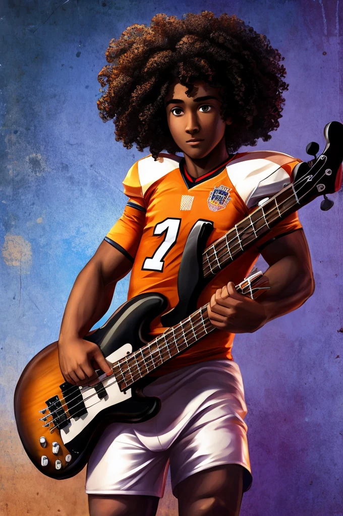 dark-skinned, adolescent,bass guitar, curly hair,football player,