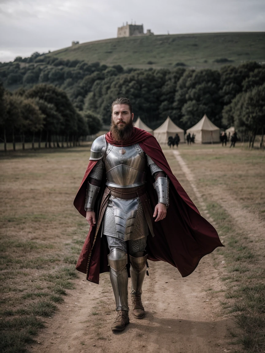 Cinematic powerful general in metal medieval armour, short beard and brunette hair, army camp in background, with cape