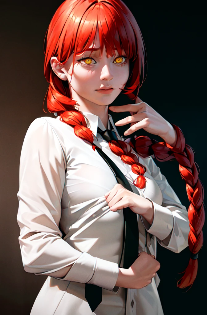 masterpiece, (Realistic:1.4), Highest quality, Beautiful lighting,
(Urzan-6500:0.5), hand \(Chainsaw Man\), (Redhead)+(Long braided hair)+(bangs), Yellow Eyes, Golden Eyes, ((The eyes are round)), (White shirt), (tie),
RAW Photos, 8K Ultra HD, Film Grain