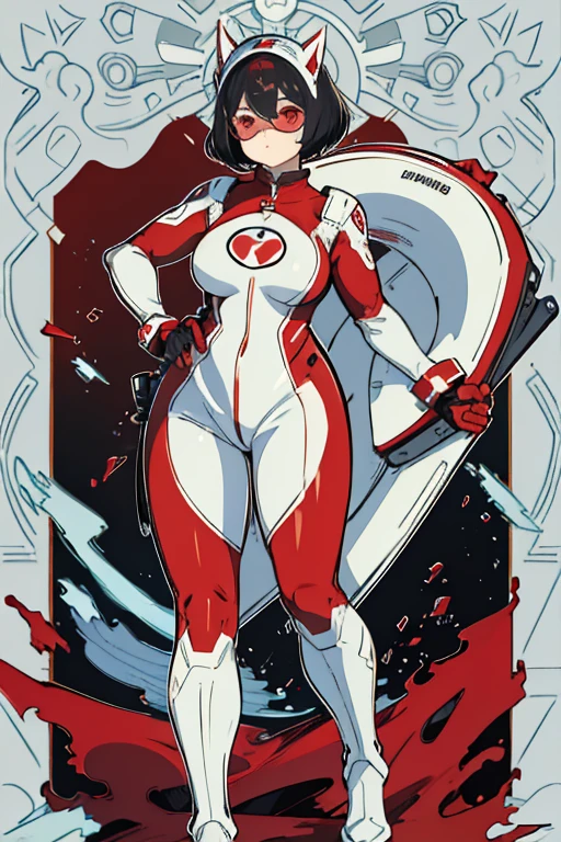 (masterpiece、Highest quality、8K、visor、whole body、Are standing)、One beautiful woman、Red and white rubber catsuit、Color Timer、Black Hair、Bobcut、Huge breasts、crevasse、Waistline、boots