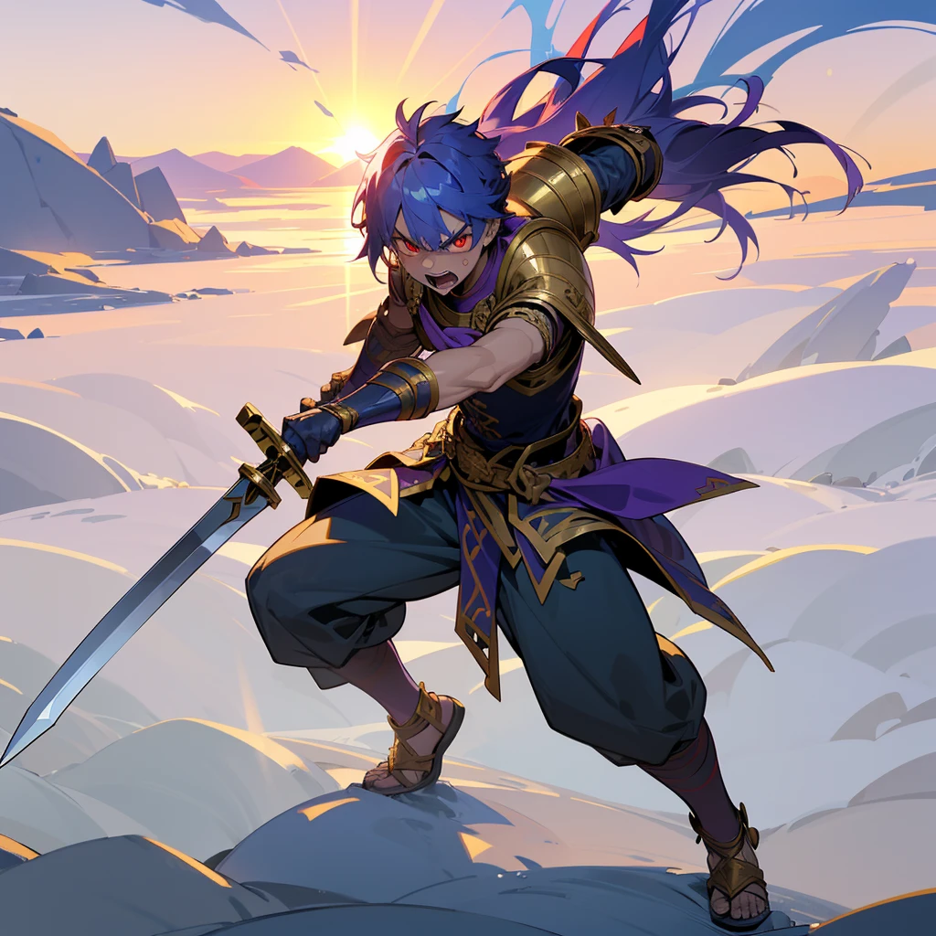 1boys orc, Full body version, red eyes, purple colour skins, angry eyes, cut hair, blue colour hair, angry expression, ancient greek clothing, gladiator sandals, Rapier gold sword in hand, small shield gold, gold armor vest, Grassroots background in snow, sunlight, sun, Sun silhouette, sun glare, smoke, background clutter, damage, war gesture 