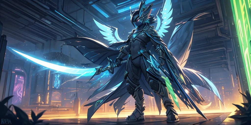 warrior in hummingbird armor, with face with glowing magic tattoos, green neon details, with technological medieval armor with glowing magic marks, full body, hummingbird beak sword with glowing magic marks. Epic scene, wide and deep scenery, with several depth planes, stylish and dynamic pose. In the middle of a retro atompunk magical metropolis, mixing technology and greenery, buildings with neon details and glowing magical vegetation.