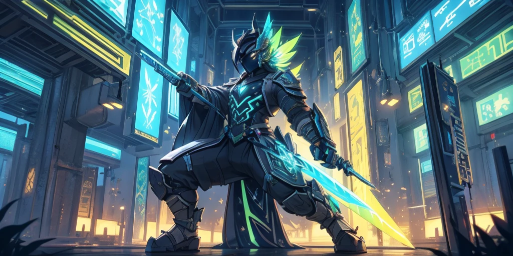 warrior in hummingbird armor, with face with glowing magic tattoos, green neon details, with technological medieval armor with glowing magic marks, full body, hummingbird beak sword with glowing magic marks. Epic scene, wide and deep scenery, with several depth planes, stylish and dynamic pose. In the middle of a retro atompunk magical metropolis, mixing technology and greenery, buildings with neon details and glowing magical vegetation.