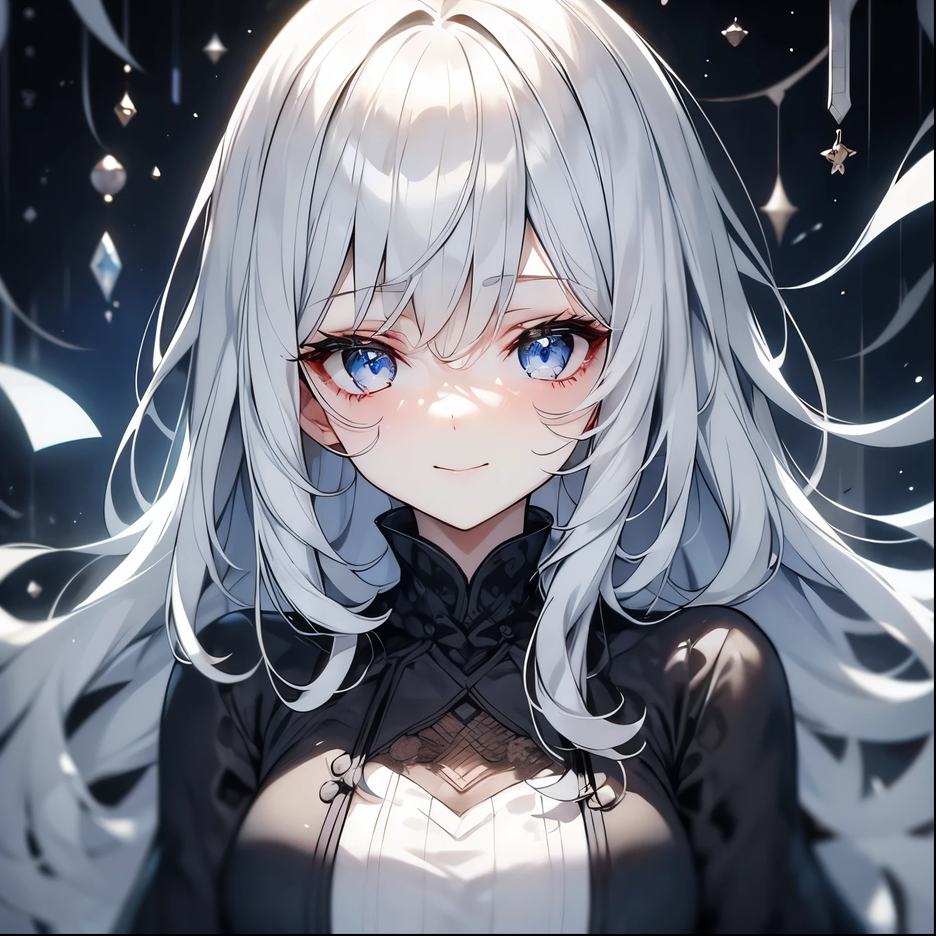 One girl、Blue-grey eyes and hair、Dull, pale eyes and hair、Navy blue dress、Smile、Perfect Face、Cute Face、perfect masterpiece、Highest quality、Casual atmosphere
