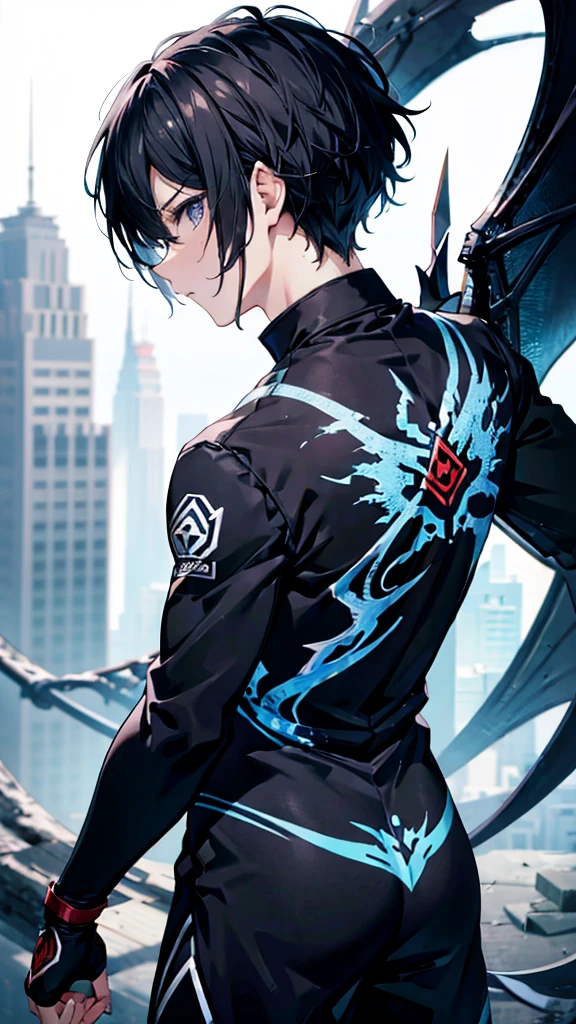 profile background, anime boy, serious face, black hair, grey eyes, martial arts clothing, with a blue dragon behind, high-res portrait, detailed eyes and face, character, fantasy, advanced urban, looking from behind at viewer, 4K, high resolution