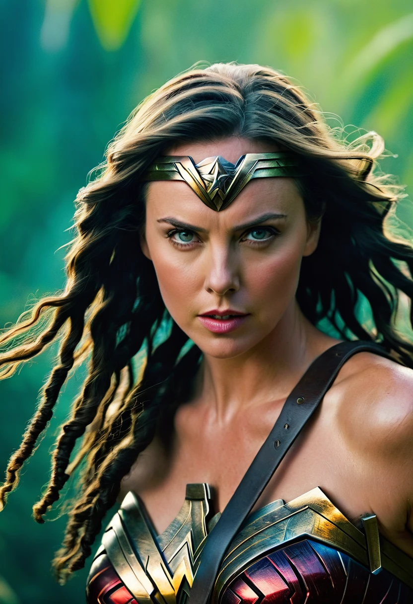 Extreme close-up Charlize Theron under the mantle of the Amazon warrior Wonder Woman images Surreal cinematographic HD images Color Splash (((dreadlocks))),(((Diaema Wonder Woman))