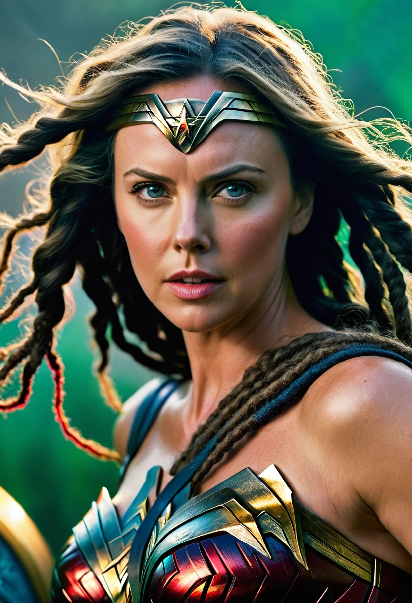 Extreme close-up Charlize Theron under the mantle of the Amazon warrior Wonder Woman images Surreal cinematographic HD images Color Splash (((dreadlocks))),(((Diaema Wonder Woman))
