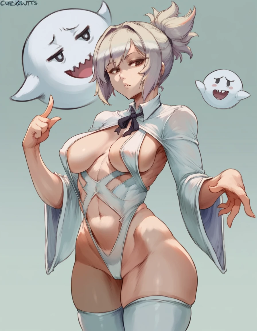 anime girl with big boo showing off her big and big boo, an anime drawing by Kentaro Miura, pixiv, shin hanga, oppai, top rated on pixiv, riven, with index finger, at pixiv, , revealing clothes, shikamimi, breasts covered and sfw, cutesexyrobutts, anime, anatomically correct, super detail, high quality, 4K