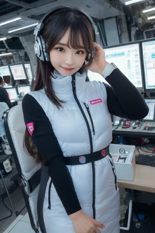 masterpiece, Highest quality, Very detailed, 8K Portrait,Japanese Android Girl,plump , Control panel,Robotic arms and legs, Blunt bangs,,break (Metallic Gray, Metallic luster, Mirror finish, Astro Best):5,headphone:5,break (Black sleeves):100,Smart Watches,Futuristic space station,Control Room,break headphone,blue eyes,(Black Hair):2,(Long Hair):1.3,Displaying the viewer,(respirator),break blush:3,Hidden Hand,smile