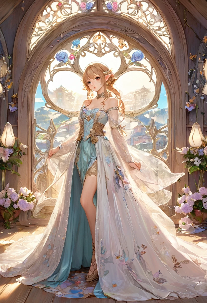 ((highest quality)),(ultra high resolution),(Super detailed),(detailed description),((best CG)),(best work of art),super precision art,amazing drawing art,(Fantasy art with precise details:1.5), (female elf:1.7),(long hair:1.4),(detailed embroidery:1.5),(luxury corset dress:1.6),smile:1.5,clear:1.6, Relax in the moonlit spring:1.7,The light of fireflies flying around:1.6