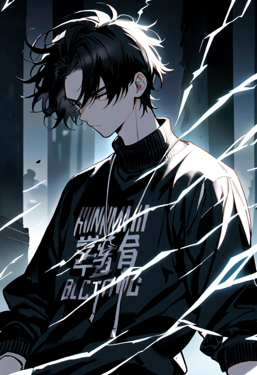 Man  Long black hair black and white sweatshirt with electricity on his body