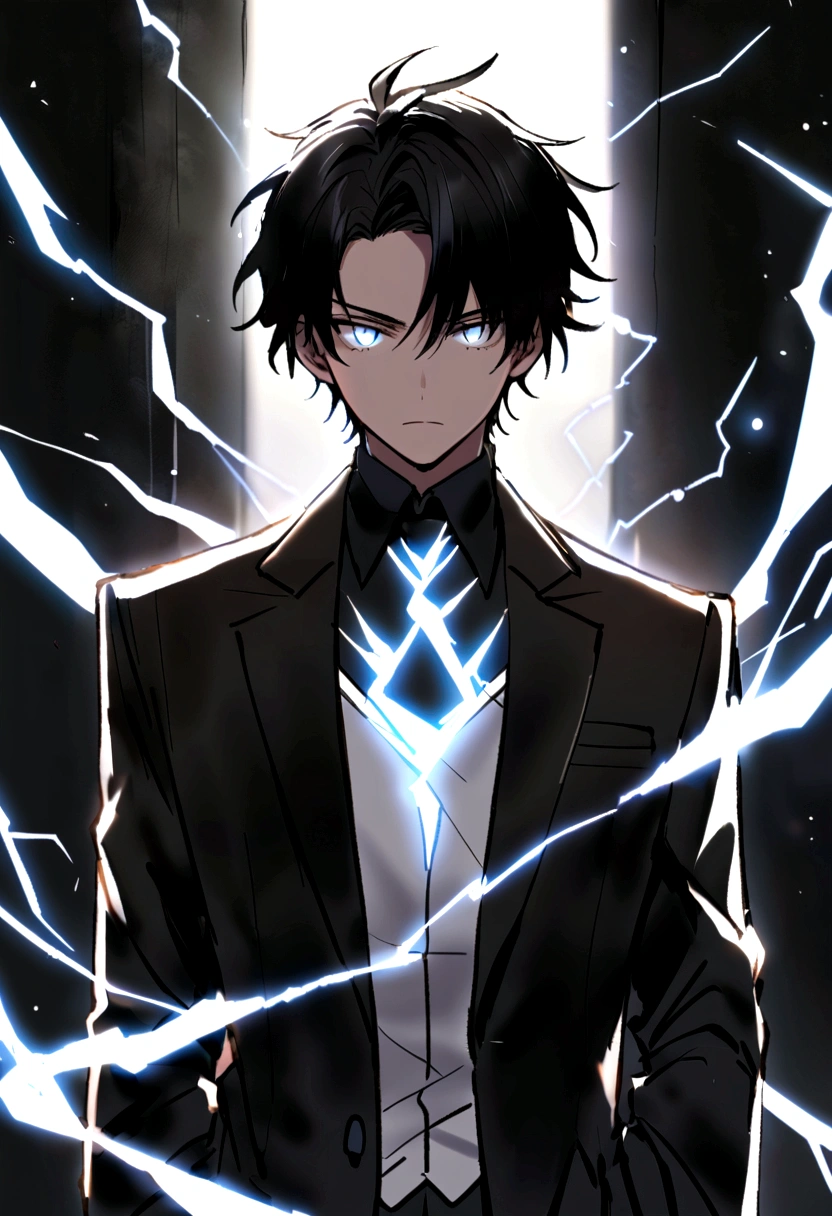 Man 17 years old Long black hair black and white sweatshirt with electricity on his body