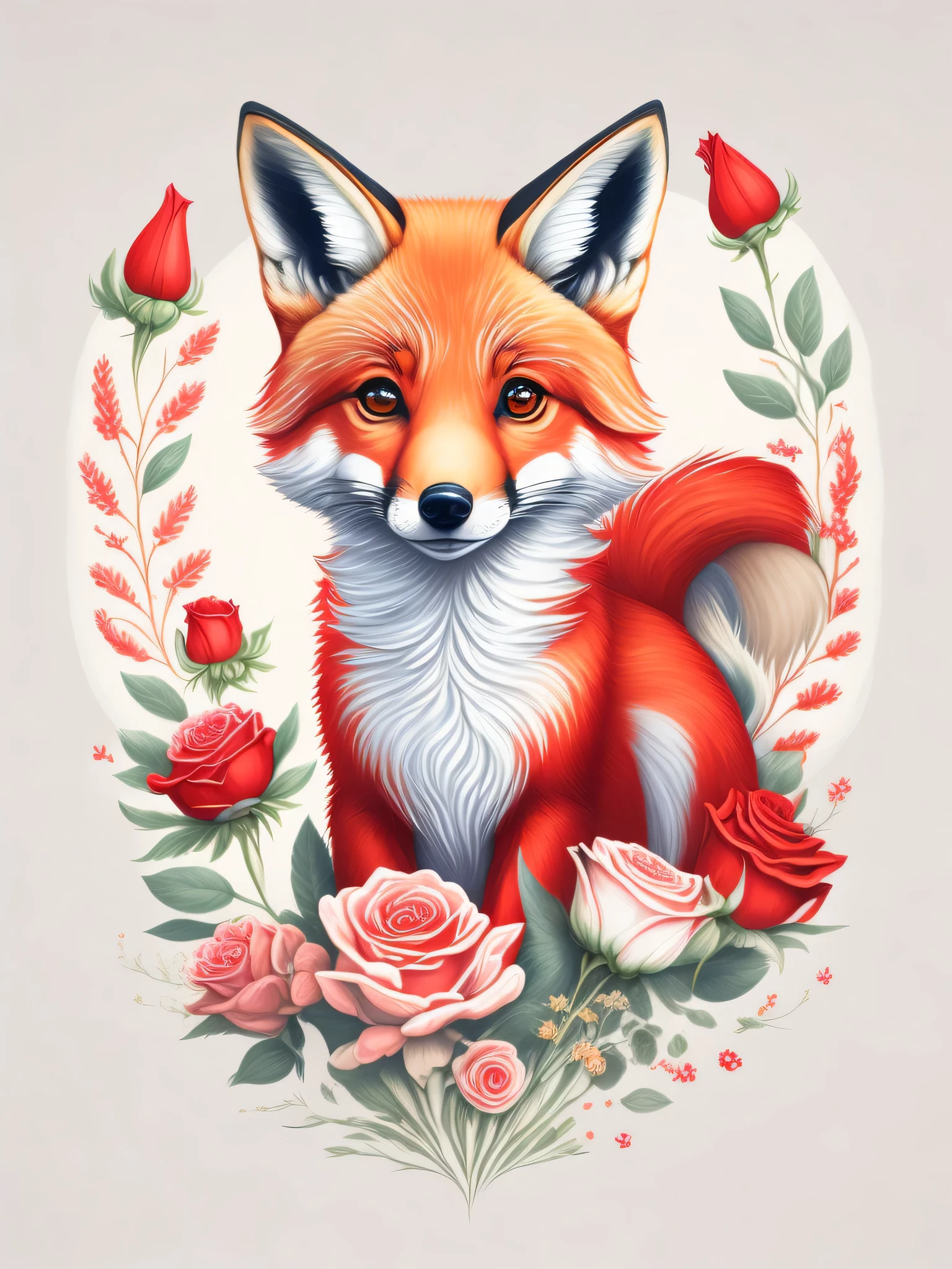 red fox, red fox and rose, little Prince, t shirt design, rzminjornada, vectorial art, White background