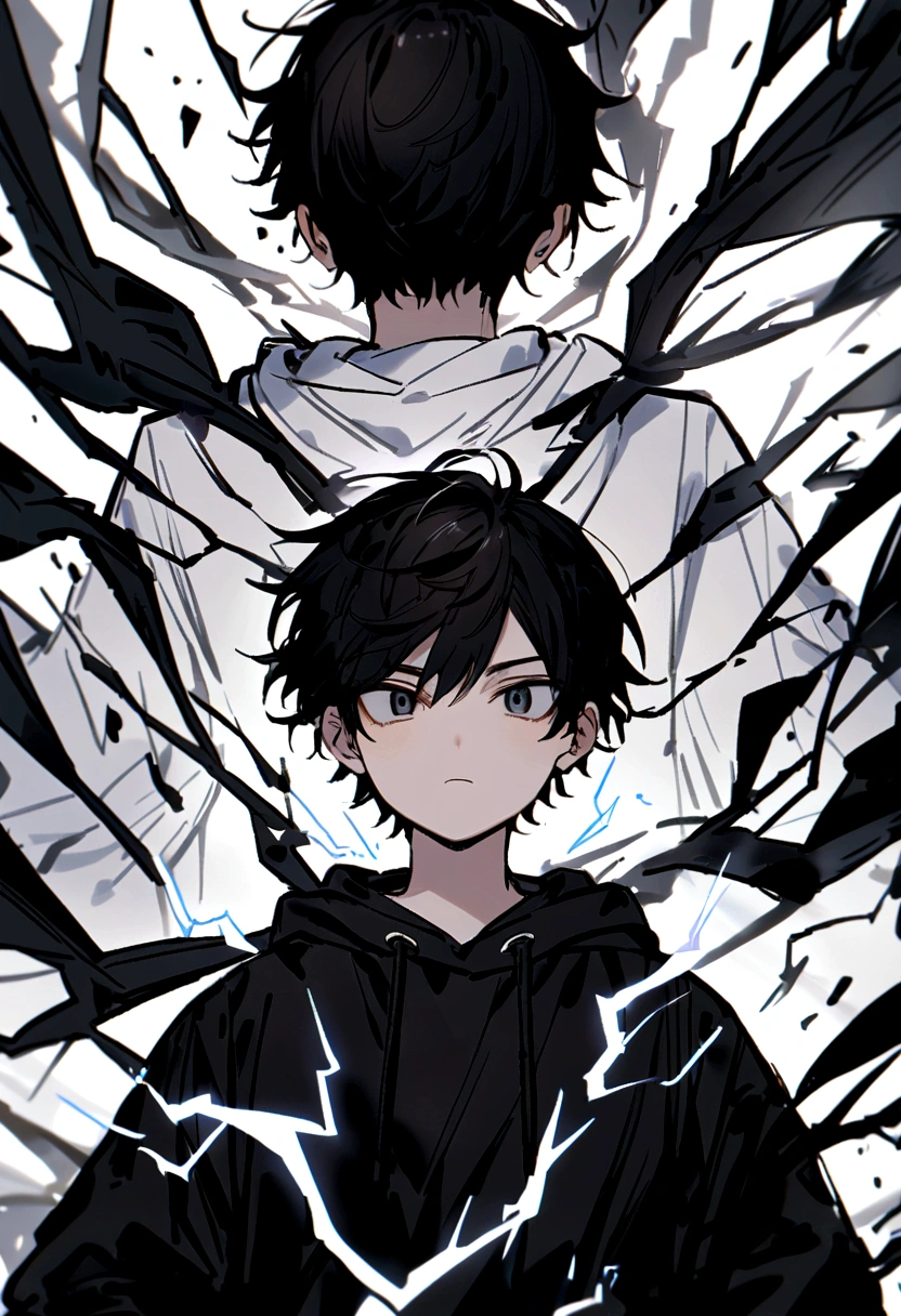 Man Long black hair black and white sweatshirt with electricity on his body