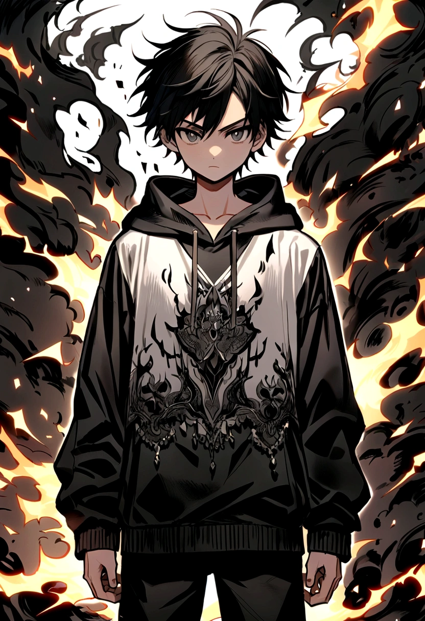 Man 17 years old Long black hair black and white sweatshirt with electricity on his body