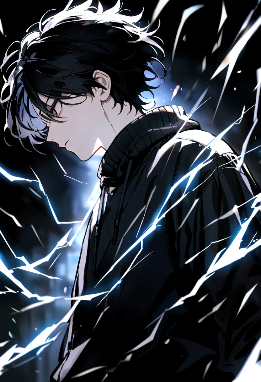 Man 17 years old Long black hair black and white sweatshirt with electricity on his body