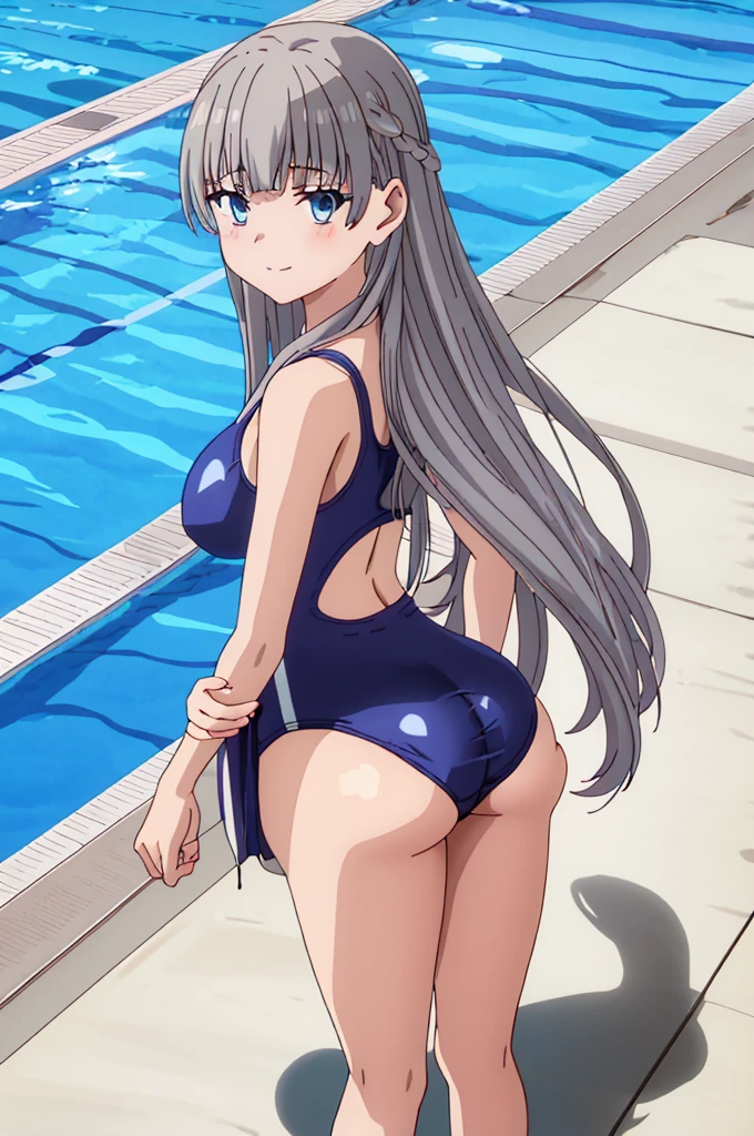 score_9, score_8_up, source_anime, asanagi, by muk \(monsieur\) BREAK, 1girl,lawine, grey hair, blue eyes, looking at viewer, slight smile, masterpiece, best quality,pool side, looking at viewer, {{{leaning forward}}}, big ass, anus, sheer high leg outfit, full body, (school swimsuit, adjusting clothes, adjusting swimsuit buttocks)
