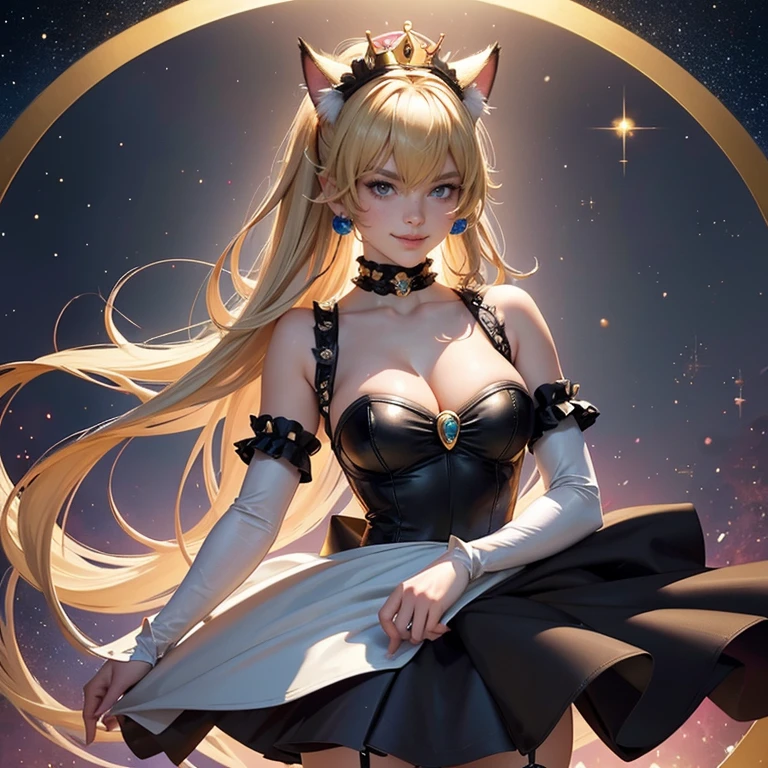 Bowsette, long hair, horns, 1girl, white maid dress, jewelry, blonde hair, flowing hair, long hair, maid dress with a short skirt and layers, black laces, white boots, black dress with transparency, gold details on her clothes, cat ears, animal ears,  more details, perfectly body, perfectly hands, two hands, two legs, two arms, five fingers, glowing hair, best quality, cat ears, animal ears, black gloves, cat tail, alone, maid headdress, choker, detached sleeves, maid dress, maid black dress, strapless, masterpeice, best quality, detailed face, night, asymmetrical gloves, bangs, black short skirt , earrings, elbow gloves, fishnet thighhighs, fishmasterpeice, solo, best quality, detailed face, hair between eyes, jewelry, looking at viewer, single earring, sky, sleeveless, solo, thigh boots, thighhighs, tongue, tongue out, uneven gloves, cat ears, animal ears, cat tail, solo, alone, Looking at the viewer, magenta roses on her hair, space scenery, maid, maid dress, magenta details, maid headdress, maid apron, blonde hair, long hair, seat on the Saturn rings, more details on her clothes, gold details on her clothes, space, smiling, standing her hand to a viewer, looking at the viewer, in the background a several asteroids glowing with fiery auras, Dramatic lighting from distant stars and planets illuminates the scene, looking at the vast and mysterious universe, cowboy shot, upper body portrait, more details, sparkle,