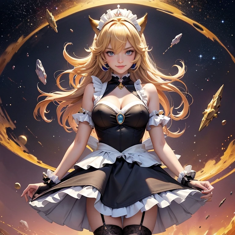 Bowsette, long hair, horns, 1girl, white maid dress, jewelry, blonde hair, flowing hair, long hair, maid dress with a short skirt and layers, black laces, white boots, black dress with transparency, gold details on her clothes, cat ears, animal ears,  more details, perfectly body, perfectly hands, two hands, two legs, two arms, five fingers, glowing hair, best quality, cat ears, animal ears, black gloves, cat tail, alone, maid headdress, choker, detached sleeves, maid dress, maid black dress, strapless, masterpeice, best quality, detailed face, night, asymmetrical gloves, bangs, black short skirt , earrings, elbow gloves, fishnet thighhighs, fishmasterpeice, solo, best quality, detailed face, hair between eyes, jewelry, looking at viewer, single earring, sky, sleeveless, solo, thigh boots, thighhighs, tongue, tongue out, uneven gloves, cat ears, animal ears, cat tail, solo, alone, Looking at the viewer, magenta roses on her hair, space scenery, maid, maid dress, magenta details, maid headdress, maid apron, blonde hair, long hair, seat on the Saturn rings, more details on her clothes, gold details on her clothes, space, smiling, standing her hand to a viewer, looking at the viewer, in the background a several asteroids glowing with fiery auras, Dramatic lighting from distant stars and planets illuminates the scene, looking at the vast and mysterious universe, cowboy shot, upper body portrait, more details, sparkle,