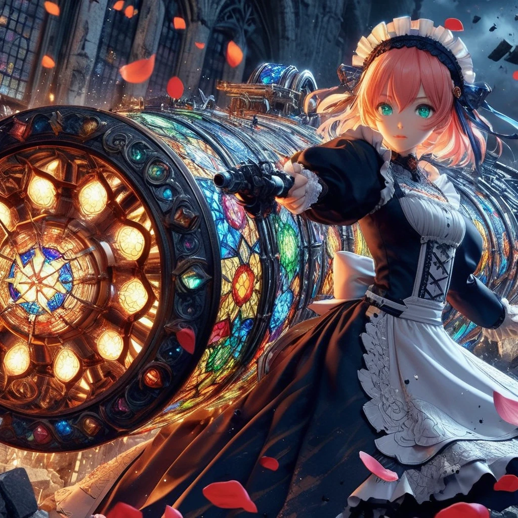 High-resolution rendering、Pink-haired, green-eyed black maid with a giant volt cannon、A gigantic Volt Cannon that is significantly larger than her head.、Detailed Vault Cannon、Blue and orange volt cannon。The Vault Cannon is engraved with intricate geometric stained glass patterns.、Shooting lightning。She points the Volt Cannon at the viewer.。Full Body Shot。In the background, it is pitch black with ruins.、The falling rose petals create a fantastic atmosphere.。An anime with delicate lines drawn using soft brushstrokes like watercolorultiple cels are layered to create the texture of ink.。Quality depicted through pinpoint detail。Full Body Shot