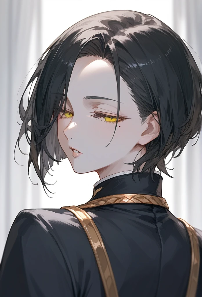 
masterpiece, Score_9, Score_8_up, Score_7_up, rear view, 1 woman, alone, dark black hair, very short hair, long parted bangs, gold and orange eyes, half-closed eyes, parted lips, expressionless, pale skin, large breasts, top body,
 long open bangs, with a mole under the mouth, cut style (boy), No bangs.