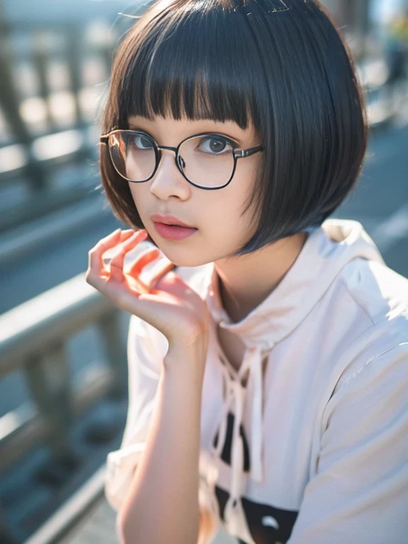 (RAW Photos, Highest quality), (Glasses), masterpiece, nature光, 1 Girl, nature, Female Model, blunt bangs, bowl cut hair, garden, Lush, Black Hair, sunlight, Natural Makeup, Relaxed facial expression, flower, Sunlight filtering through the trees, natureの中のベンチ, head shot