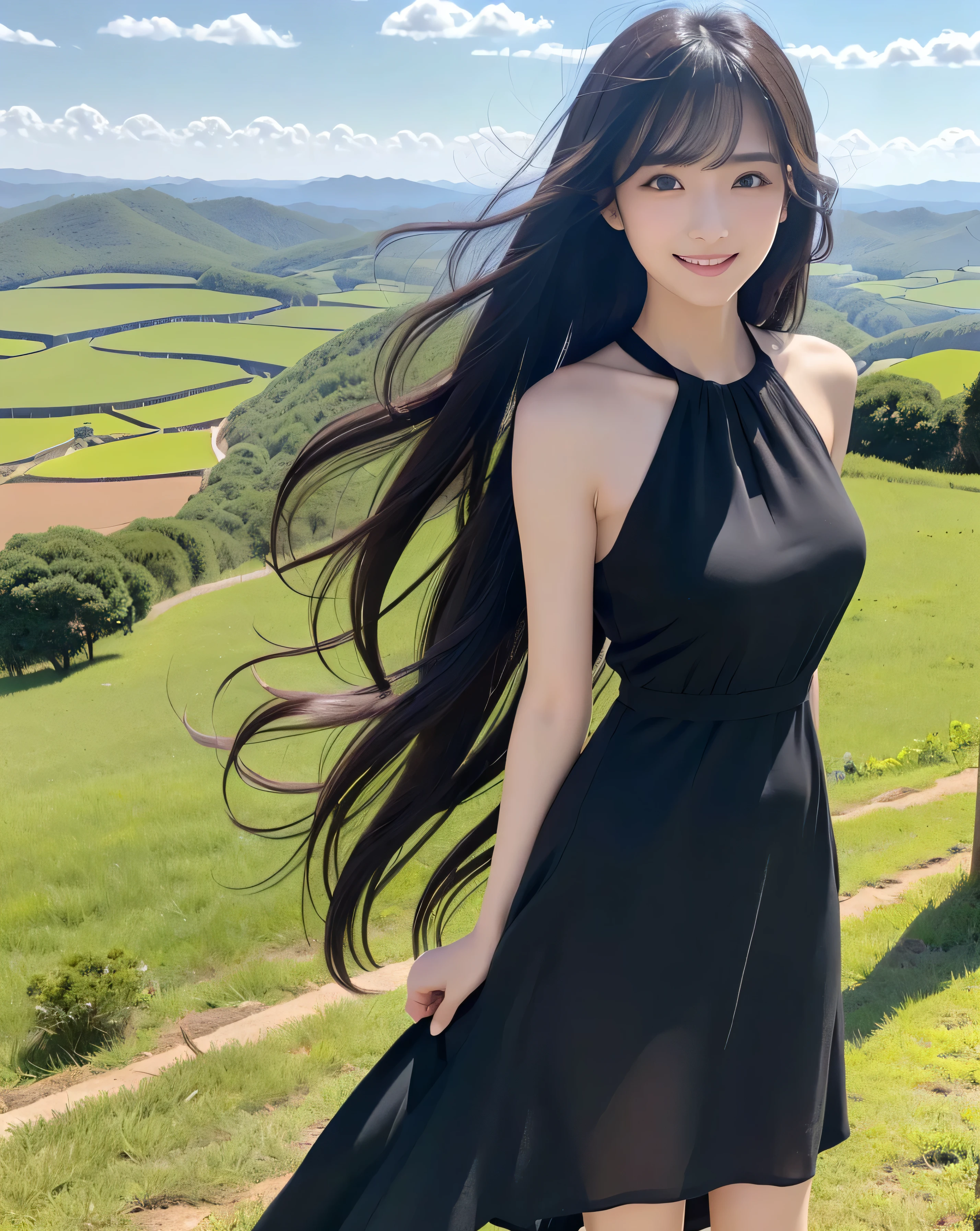 (Highest quality, 32k, High resolution, Masterpiece:1.5, ), marimo_jet, god々A photograph with brilliant brilliance and the power of nature., Expressing emotions, Have a rich imagination, Beautiful Japanese Girls, An exceptionally beautiful face, Small Face Beauty, ((Low-angle full-body shot:1.3)), Perfect Human Anatomy, Magical big eyes, Motherhood and generosity, Deep Love, fleeting smile, Shiny black hair, Beautiful super long hair swaying in the wind, Asymmetrical bangs, Hair between the eyes, Transparent, soft white skin, Sharp eyebrows, Thin lashes, Natural Makeup, Cheek highlighter, Pale pink detailed lips, (High-quality black dress:1.3), ((High resolutionの美しい太もも, Beautiful legs), ((Distant Horizon:1.5)), ((Rural scenery stretching to the horizon:1.3)), ((Overlooking the countryside from the plateau:1.3)), Beautifully detailed skies, Professional Photographer, Professional Lighting, Professional Model