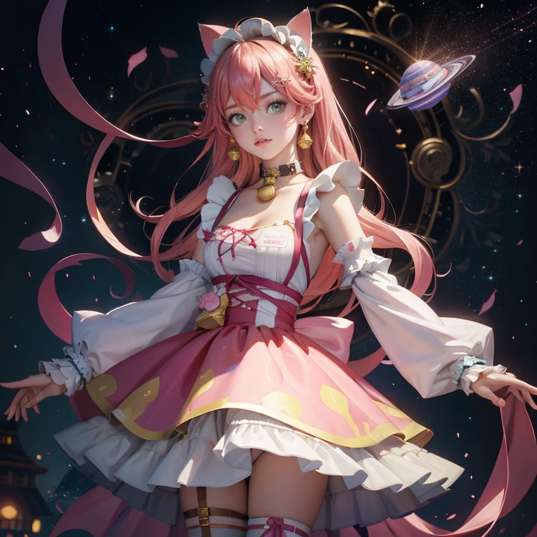 1girl, long hair, pink hair, long flowing hair, floating hair, ornament hair, perfectly body, perfectly hands, rose on hair, 1girl, white maid dress, jewelry, aqua hair, flowing hair, long hair, maid dress with a short skirt and layers, white laces, white boots, white dress with transparency, gold details on her clothes, cat ears, animal ears,  more details, perfectly body, perfectly hands, two hands, two legs, two arms, five fingers, glowing hair, best quality, cat ears, animal ears, white gloves, cat tail, alone, maid headdress, choker, detached sleeves, maid dress, maid white dress, strapless, masterpeice, best quality, detailed face, night, asymmetrical gloves, bangs, white short skirt , earrings, elbow gloves, fishnet thighhighs, fishmasterpeice, solo, best quality, detailed face, hair between eyes, jewelry, looking at viewer, single earring, sky, sleeveless, solo, thigh boots, thighhighs, tongue, tongue out, uneven gloves, cat ears, animal ears, cat tail, solo, alone, Looking at the viewer, magenta roses on her hair, space scenery, maid, maid dress, magenta details, maid headdress, maid apron, purple hair, long hair, seat on the Saturn rings, more details on her clothes, gold details on her clothes, space, smiling, standing her hand to a viewer, looking at the viewer, in the background a several asteroids glowing with fiery auras, Dramatic lighting from distant stars and planets illuminates the scene, looking at the vast and mysterious universe, cowboy shot, upper body portrait, more details, sparkle,