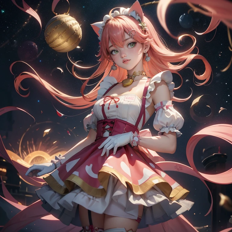 1girl, long hair, pink hair, long flowing hair, floating hair, ornament hair, perfectly body, perfectly hands, rose on hair, 1girl, white maid dress, jewelry, aqua hair, flowing hair, long hair, maid dress with a short skirt and layers, white laces, white boots, white dress with transparency, gold details on her clothes, cat ears, animal ears, more details, perfectly body, perfectly hands, two hands, two legs, two arms, five fingers, glowing hair, best quality, cat ears, animal ears, white gloves, cat tail, alone, maid headdress, choker, detached sleeves, maid dress, maid white dress, strapless, masterpeice, best quality, detailed face, night, asymmetrical gloves, bangs, white short skirt , earrings, elbow gloves, fishnet thighhighs, fishmasterpeice, solo, best quality, detailed face, hair between eyes, jewelry, looking at viewer, single earring, sky, sleeveless, solo, thigh boots, thighhighs, tongue, tongue out, uneven gloves, cat ears, animal ears, cat tail, solo, alone, Looking at the viewer, magenta roses on her hair, space scenery, maid, maid dress, magenta details, maid headdress, maid apron, purple hair, long hair, seat on the Saturn rings, more details on her clothes, gold details on her clothes, space, smiling, standing her hand to a viewer, looking at the viewer, in the background a several asteroids glowing with fiery auras, Dramatic lighting from distant stars and planets illuminates the scene, looking at the vast and mysterious universe, cowboy shot, upper body portrait, more details, sparkle,
