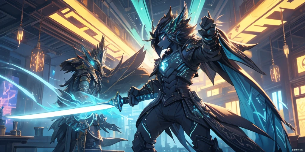 warrior in hummingbird armor, with face with glowing magic tattoos, green neon details, with technological medieval armor with glowing magic marks, full body, hummingbird beak sword with glowing magic marks.  Epic scene, wide and deep scenery, with several depth planes, stylish and dynamic pose.  In the middle of a retro atompunk magical metropolis, mixing technology and greenery, buildings with neon details and glowing magical vegetation.