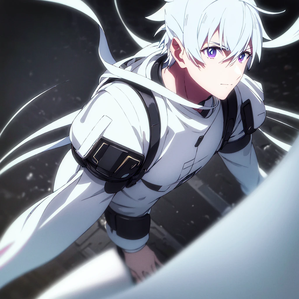 male character. naughty man. white hair. golden colored eyes. black clothing. Futuristic Setting. cold and cautious face