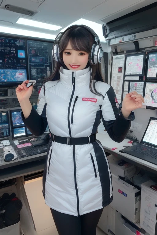 masterpiece, Highest quality, Very detailed, 8K Portrait,Japanese Android Girl,plump , Control panel,Robotic arms and legs, Blunt bangs,,break (Metallic Gray, Metallic luster, Mirror finish, Astro Best):5,headphone:5,break (Black sleeves):100,Smart Watches,Futuristic space station,Control Room,break headphone,blue eyes,(Black Hair):2,(Long Hair):1.3,Displaying the viewer,(respirator),break blush:3,Hidden Hand,smile