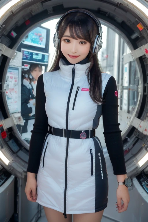 masterpiece, Highest quality, Very detailed, 8K Portrait,Japanese Android Girl,plump , Control panel,Robotic arms and legs, Blunt bangs,,break (Metallic Gray, Metallic luster, Mirror finish, Astro Best):5,headphone:5,break (Black sleeves):100,Smart Watches,Futuristic space station,Control Room,break headphone,blue eyes,(Black Hair):2,(Long Hair):1.3,Displaying the viewer,(respirator),break blush:3,Hidden Hand,smile