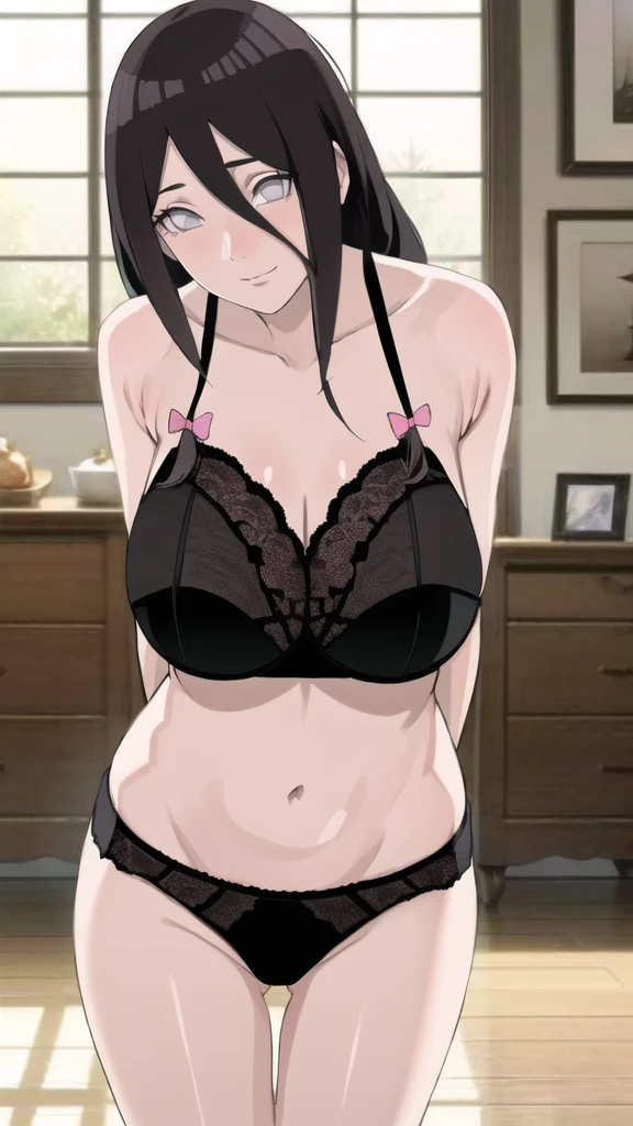 2D, Masterpiece, Best Quality, cheered up,cheered up colors, vivid colors, high resolution, intricate iris, (looking at the viewer, seductive smile, Upper part of the body,), (huge breasts:1.2, narrow waist), (Leaning forward, arms behind the back), interior, burst breasts, (hyuuga hanabi), (long hair tied low, hair bow ), white panties, white bra, white background