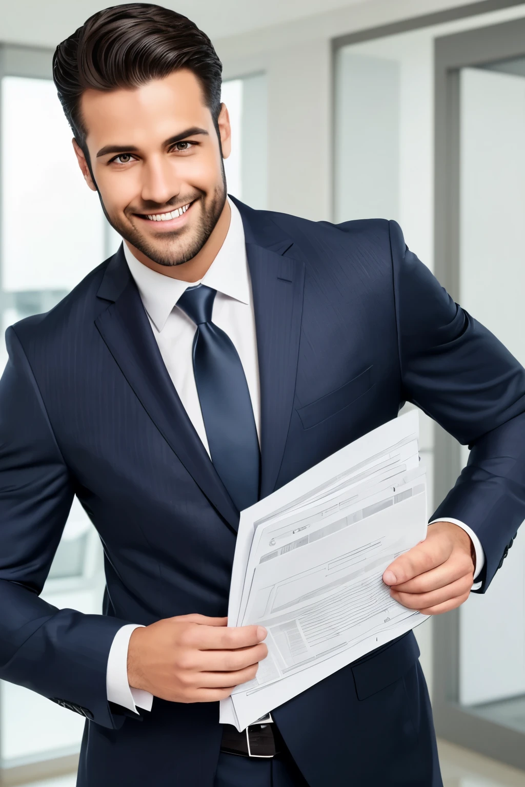 A naughty man, acting as a Realtor, is the central figure of this image. Dressed in an elegant navy blue suit, his attire is accentuated by a striped tie in shades of gray. The suit’s cut is sharp, fitting him perfectly, emphasizing his muscular physique. His dark brown hair, slightly wavy, complements his piercing green eyes, which exude a confident and welcoming smile. A sparkle in his eyes reflects professionalism and friendliness, making potential clients feel at ease.
With one hand, he holds a brown leather briefcase, which appears filled with essential documents for real estate transactions. In the other hand, a set of keys hang