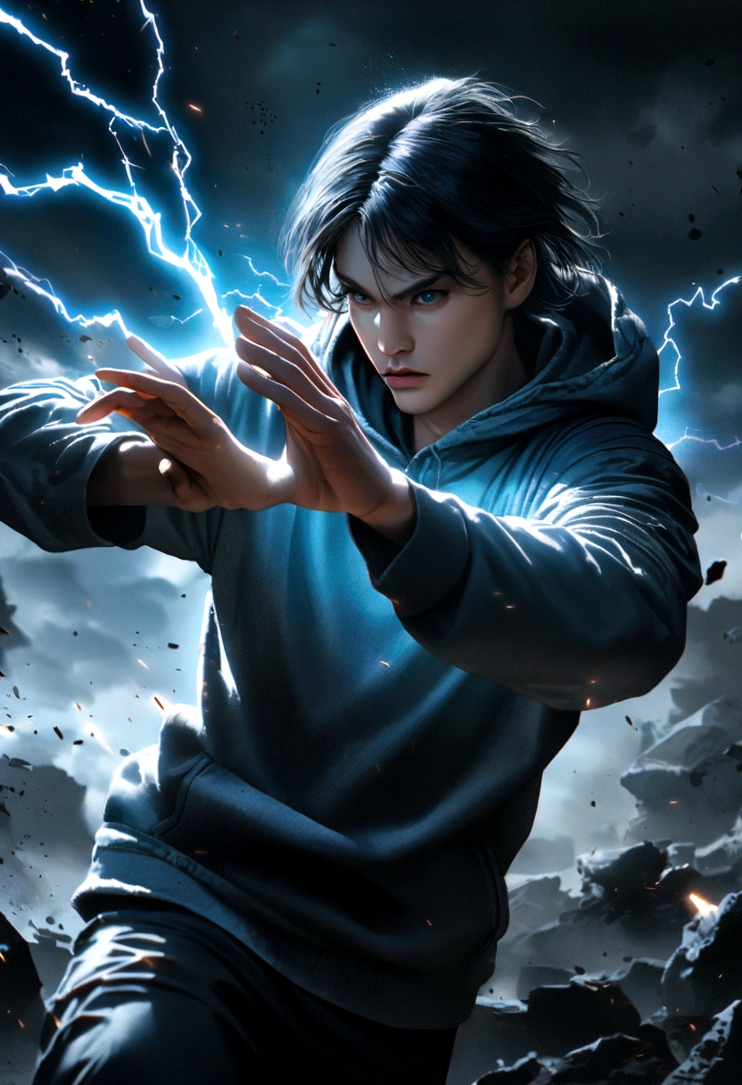 a young man with long black hair, wearing a black and white hoodie, electricity sparking around his body, highly detailed, 8k, photorealistic, cinematic lighting, dramatic pose, dynamic action scene, moody atmosphere, intense colors, digital art